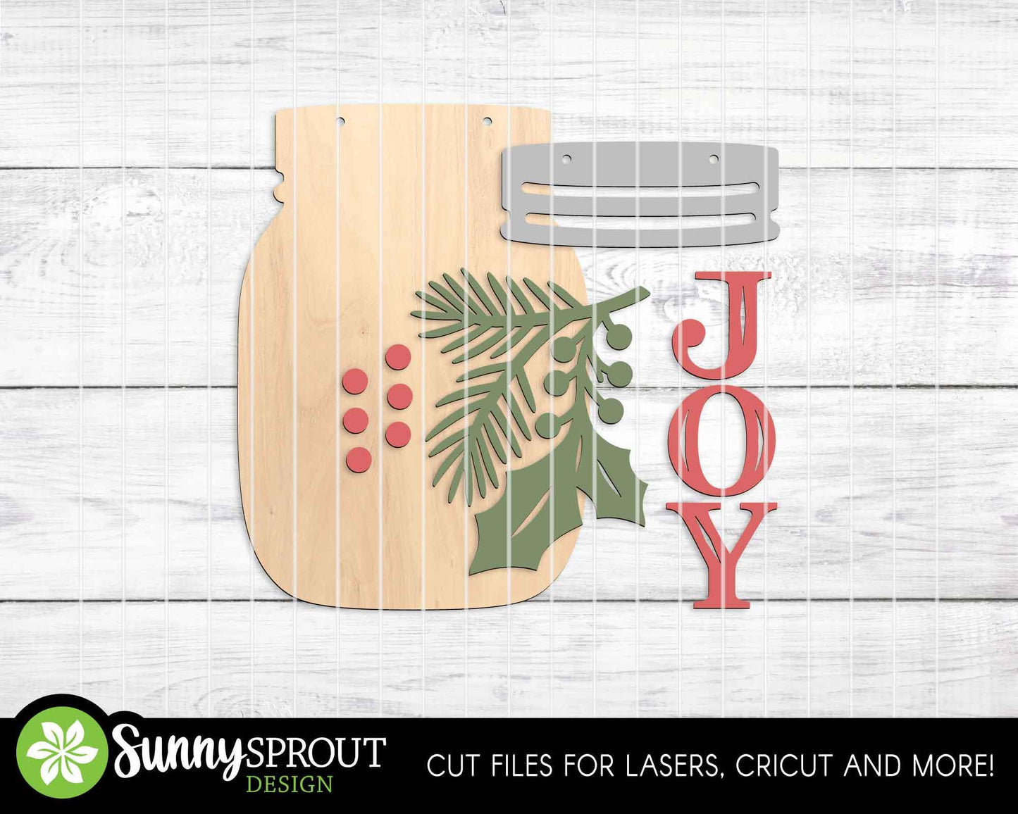 Joy Christmas Holly Mason Jar Sign, Digital download, SVG laser cut file, Cricut, Door hanger design, Farmhouse decor