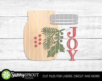 Joy Christmas Holly Mason Jar Sign, Digital download, SVG laser cut file, Cricut, Door hanger design, Farmhouse decor