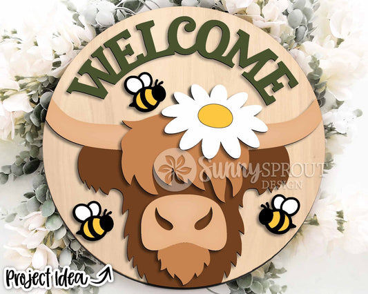 Welcome Highland Cow Bee Sign, Digital download, SVG Laser cut file, Cricut, Round door hanger design, Farm animal decor