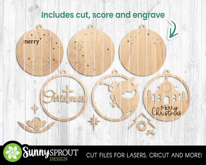 Round Christmas Ornament Bundle, Digital download, SVG laser cut file, Cricut, Christian Nativity design