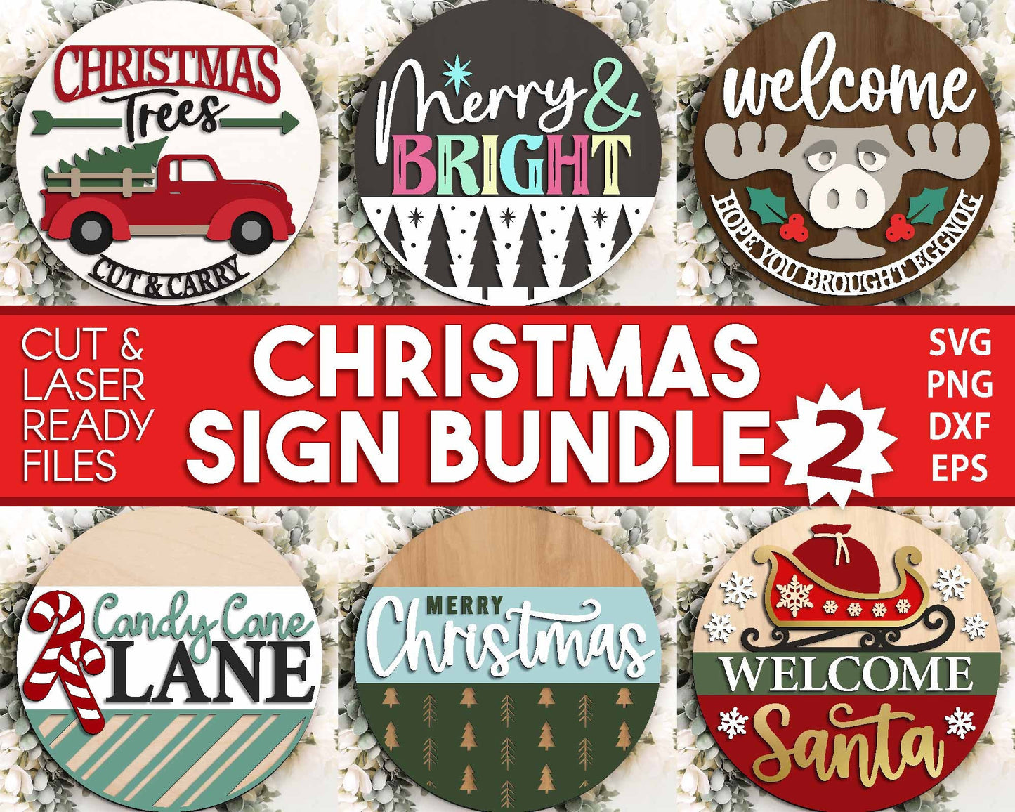 Christmas Laser Sign Bundle 2, Round door hanger, Glowforge laser file, Cricut, Holiday welcome svg, Christmas tree decor