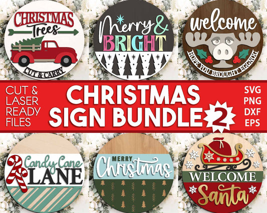 Christmas Laser Sign Bundle 2, Round door hanger, Glowforge laser file, Cricut, Holiday welcome svg, Christmas tree decor