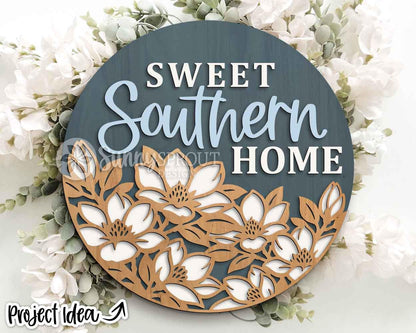 Sweet Southern Home Magnolia Flower Sign, Digital Download, SVG Laser Cut File, Cricut, Spring Summer Round Door Hanger Design