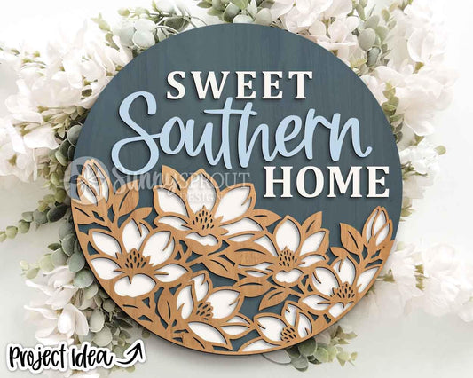 Sweet Southern Home Magnolia Flower Sign, Digital Download, SVG Laser Cut File, Cricut, Spring Summer Round Door Hanger Design