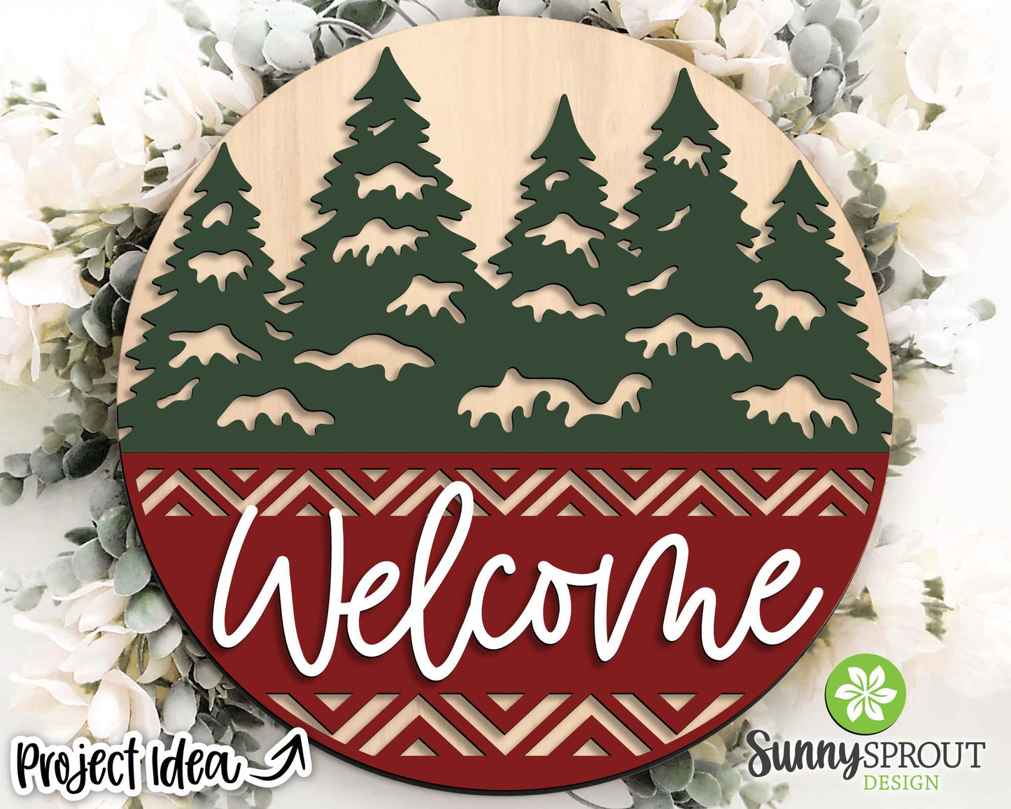 Welcome Snowy Pine Trees Sign, Round door hanger svg, Glowforge laser cut file, Cricut, Winter, Christmas holiday decor