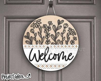 Welcome Wildflowers Rattan Pattern Sign, Digital Download, SVG Laser Cut File, Cricut, Floral Round Door Hanger Design