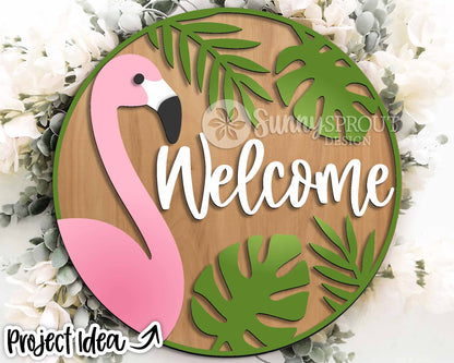 Welcome Flamingo Tropical Leaf Sign, Digital Download, SVG Laser Cut File, Cricut, Summer Round Door Hanger Design