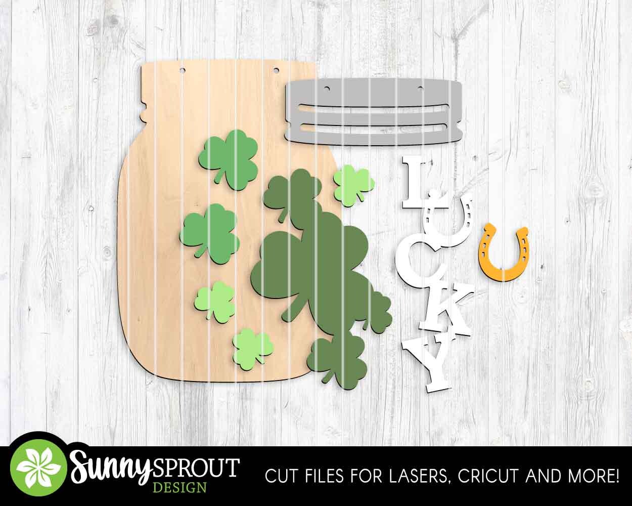 Lucky Horse Shoe Clovers Mason Jar Sign, Digital Download, SVG Laser Cut File, Door Hanger Design, St. Patrick's Day Decor