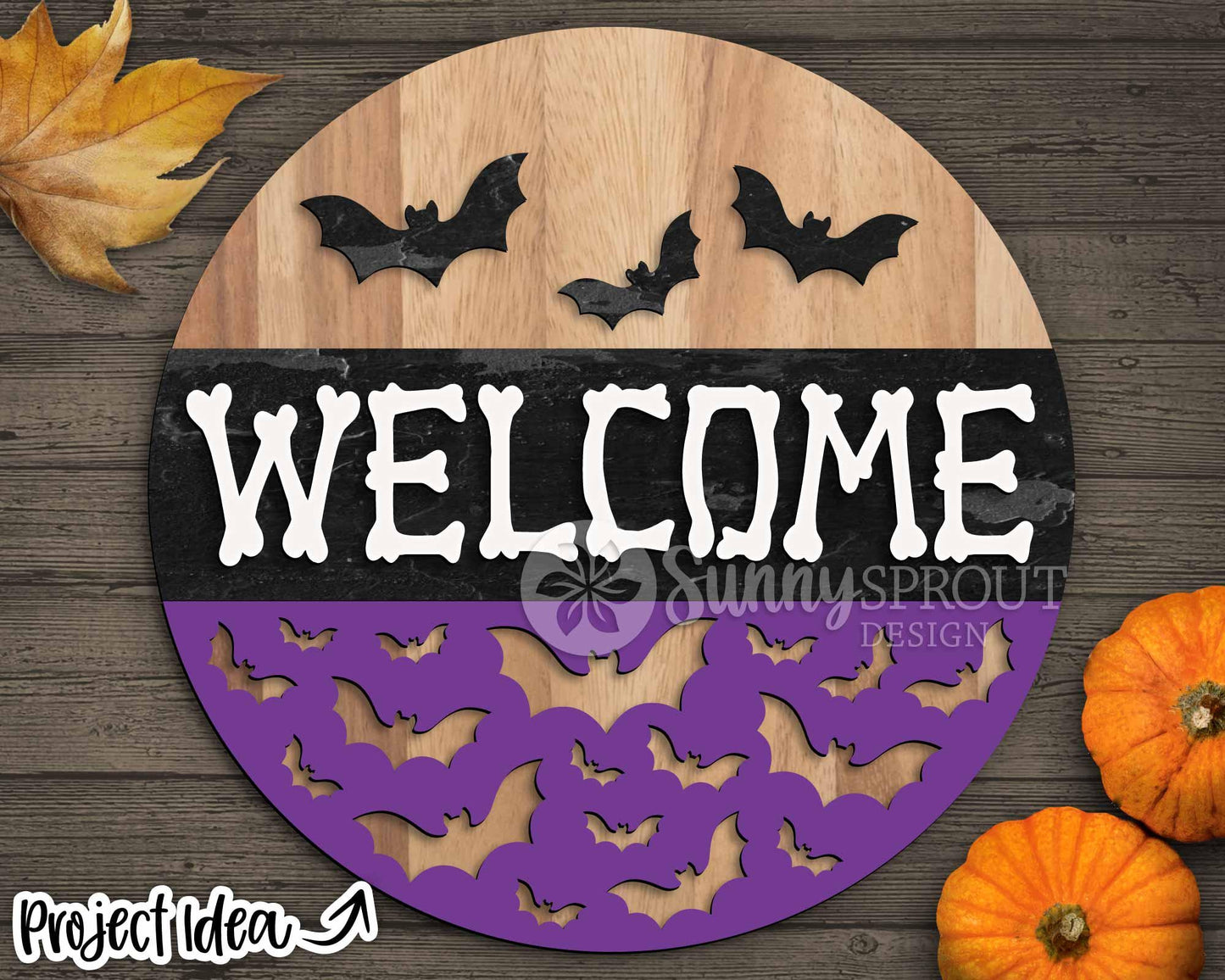 Welcome Bones and Bat Pattern Sign, Digital Download, SVG Laser Cut File, Cricut, Round Halloween Door Hanger Design