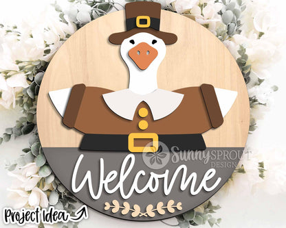 Goose Welcome Thanksgiving Sign, Digital Download, SVG Laser Cut File, Cricut, Round Fall Door Hanger Design, Interchangeable Outfit