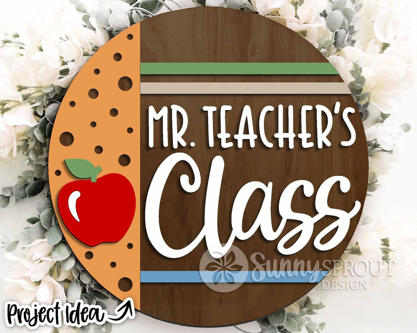 Class Apple Teacher Name Sign, Digital download, SVG Laser cut file, Cricut, Round door hanger design, Personalize school decor