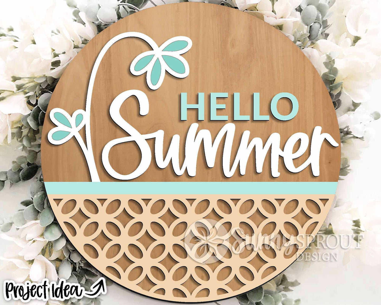 Hello Summer Flower Pattern Sign, Digital Download, SVG Laser Cut File, Cricut, Round Door Hanger Design