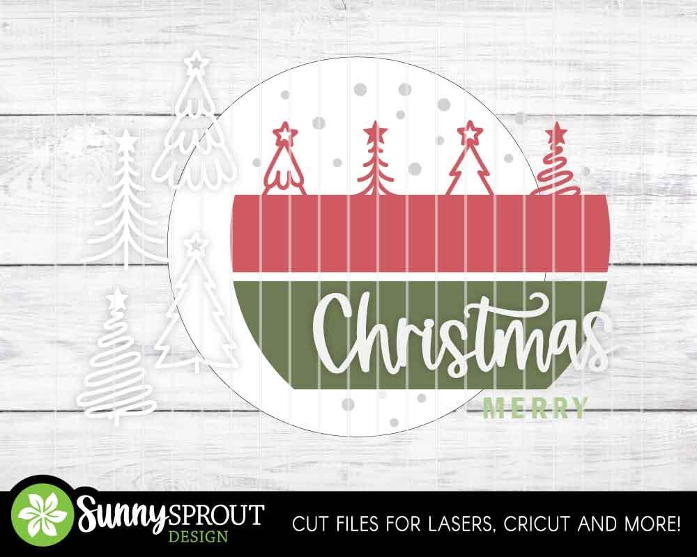 Merry Christmas Hand Drawn Trees Sign, Digital Download, SVG Laser Cut File, Cricut, Round Door Hanger Design