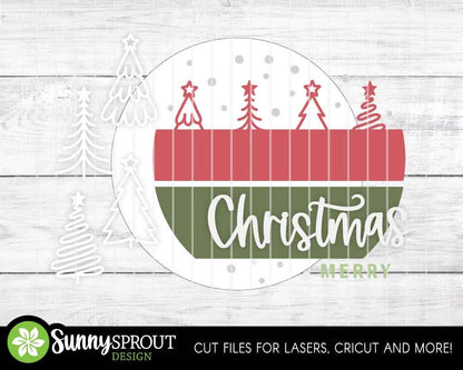 Merry Christmas Hand Drawn Trees Sign, Digital Download, SVG Laser Cut File, Cricut, Round Door Hanger Design