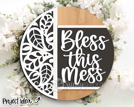Bless This Mess Paisley Pattern Sign, Digital Download, SVG Laser Cut File, Cricut, Funny Sarcastic Round Door Hanger Design