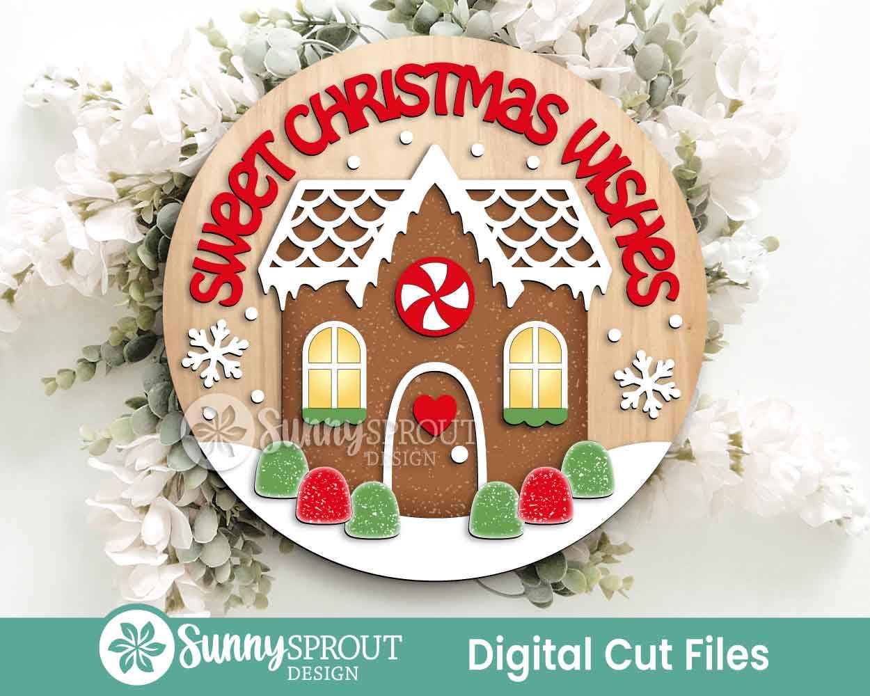 Sweet Christmas Wishes Gingerbread House Sign, Digital Download, SVG Laser Cut File, Cricut, Round Door Hanger Design