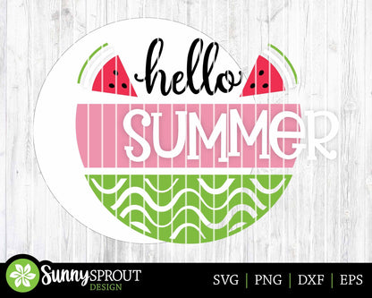 Hello Summer Watermelon Sign, Digital Download, SVG Laser Cut File, Round Door Hanger Design