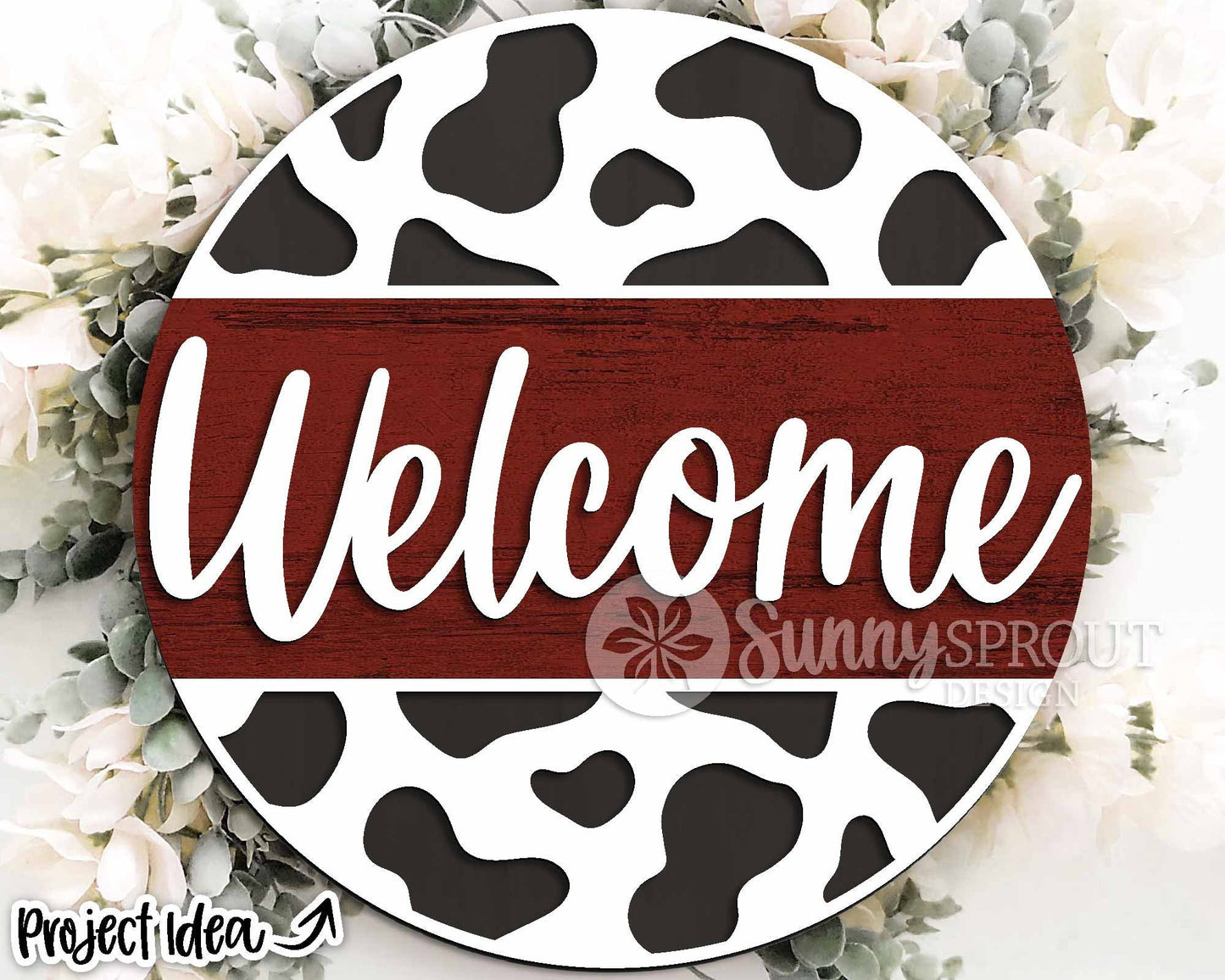 Welcome Cow Print Sign, Digital download, SVG Laser cut file, Cricut, Round door hanger design, Farm animal decor