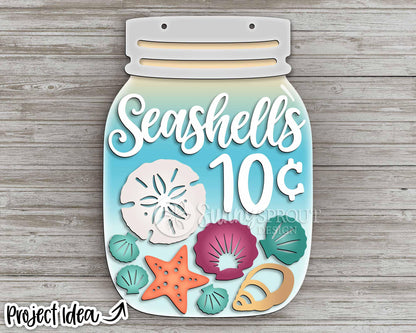 Seashells 10 Cents Mason Jar Sign, Digital download, SVG Laser cut file, Cricut, Door hanger wall art design, Beach coastal decor
