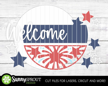 Welcome Fireworks Stars Sign, Digital Download, SVG Laser Cut File, Cricut, Round Door Hanger Design, Patriotic 4th of July Decor