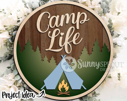 Camping Laser Sign Bundle, Round door hanger svg, Glowforge laser file, Cricut, Front door welcome sign, Summer decor svg