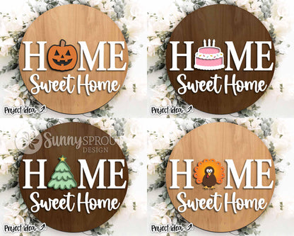 Home Sweet Home Interchangeable Graphics Sign, Digital Download, SVG Laser Cut File, Cricut, Seasonal Round Door Hanger Design