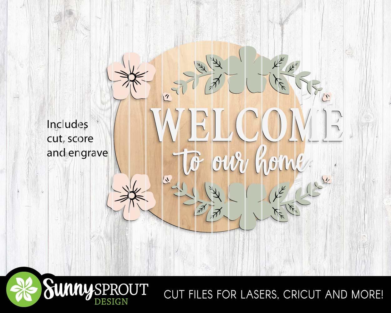 Welcome Flower Pattern Sign, Digital Download, SVG Laser Cut File, Cricut, Floral Farmhouse Round Door Hanger Design