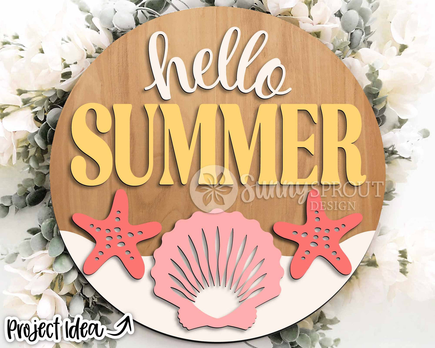 Hello Summer Seashells Sign, Digital download, SVG Laser cut file, Cricut, Round door hanger wall art design, Beach coastal decor