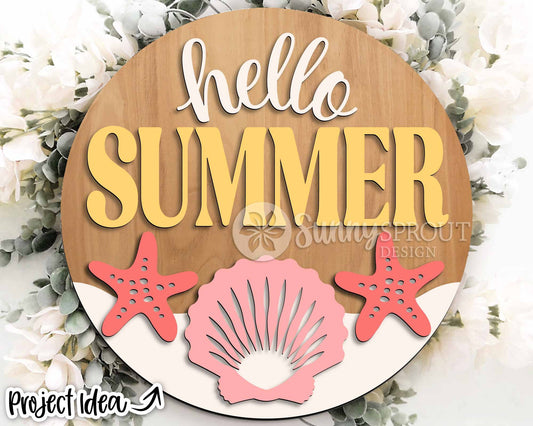 Hello Summer Seashells Sign, Digital download, SVG Laser cut file, Cricut, Round door hanger wall art design, Beach coastal decor