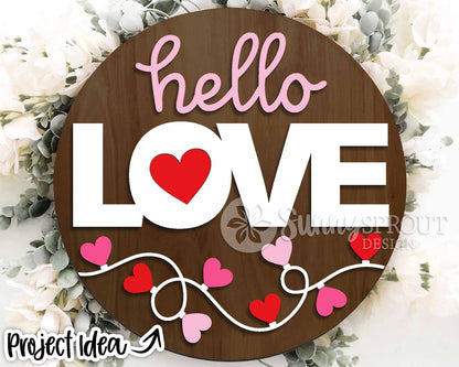 Hello Love Heart String Light Welcome Sign, Digital Download, SVG Laser Cut File, Cricut, Round Door Hanger Design, Valentine's Day Decor