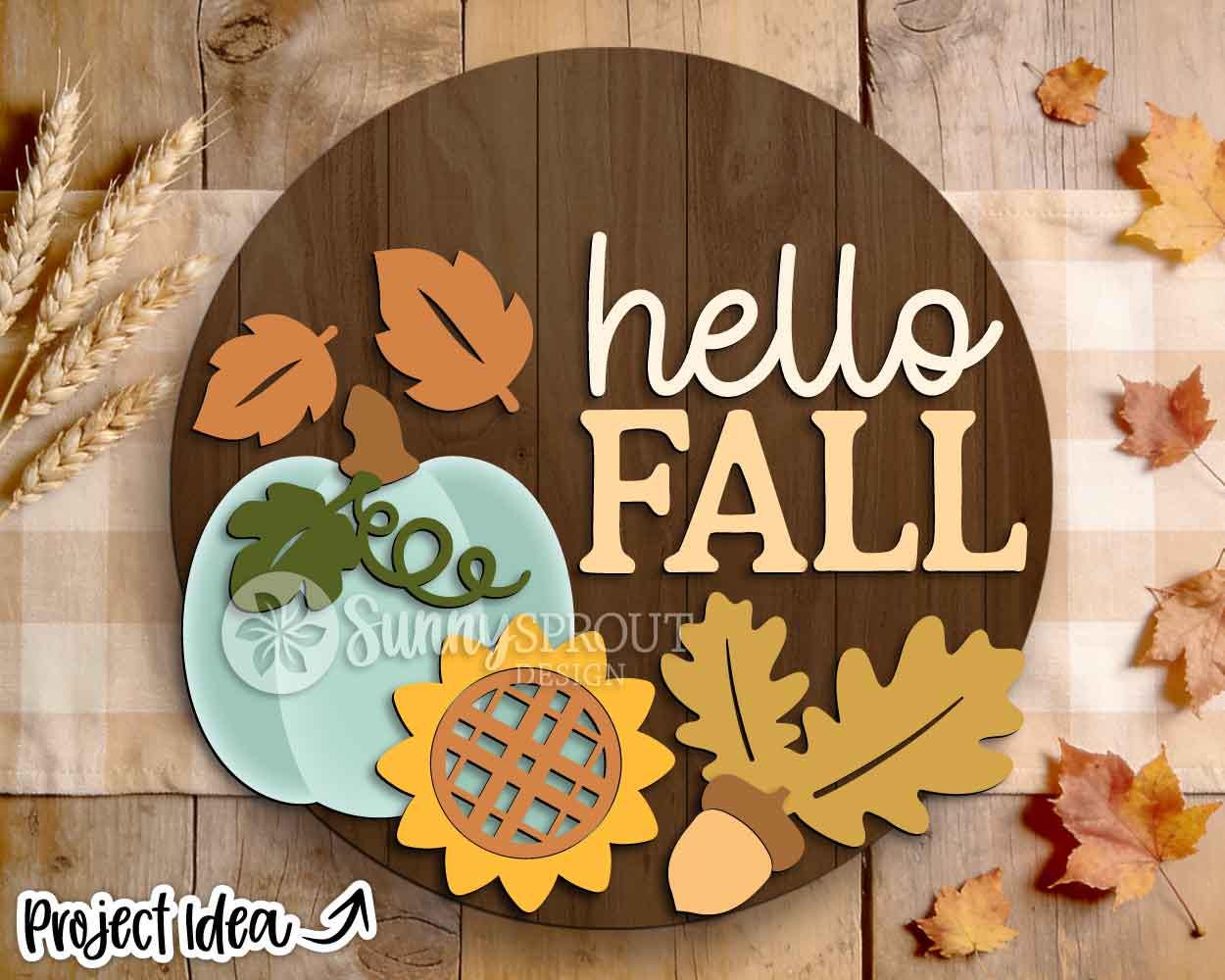 Hello Fall Pumpkin Sunflower Leaves Sign, Digital Download, SVG Laser Cut File, Cricut, Round Door Hanger Design