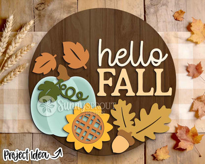 Hello Fall Pumpkin Sunflower Leaves Sign, Digital Download, SVG Laser Cut File, Cricut, Round Door Hanger Design