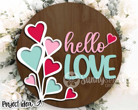 Hello Love Hearts Welcome Sign, Digital Download, SVG Laser Cut File, Cricut, Round Door Hanger Design, Valentine's Day Decor
