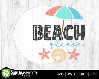Beach Please Umbrella Seashell Sign, Digital download, SVG Laser cut file, Cricut, Round door hanger wall art design, Ocean coastal decor