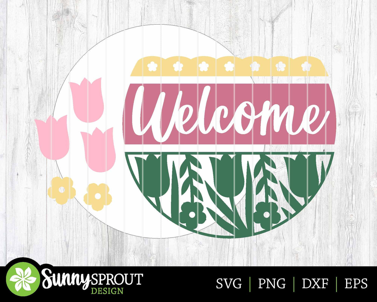 Welcome Tulip Flower Sign, Digital download, SVG Laser cut file, Cricut, Round door hanger design, Spring Easter decor