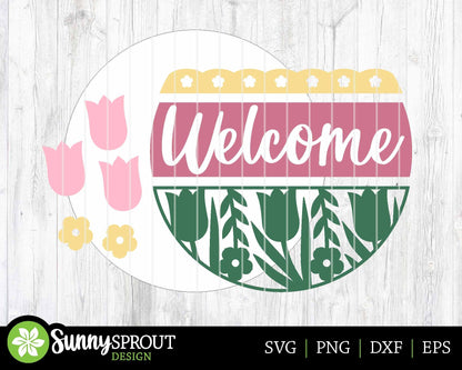 Welcome Tulip Flower Sign, Digital download, SVG Laser cut file, Cricut, Round door hanger design, Spring Easter decor