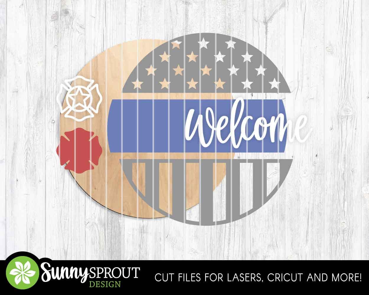 Firefighter Badge American Flag Welcome Sign, Digital Download, SVG Laser Cut File, Cricut, Patriotic Round Door Hanger Design