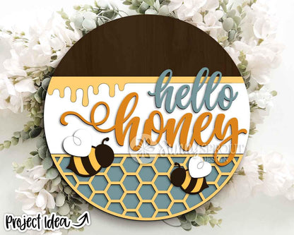 Hello Honey Honeycomb Bee Sign, Digital Download, Digital Download, SVG Laser Cut File, Cricut, Summer Round Door Hanger Design