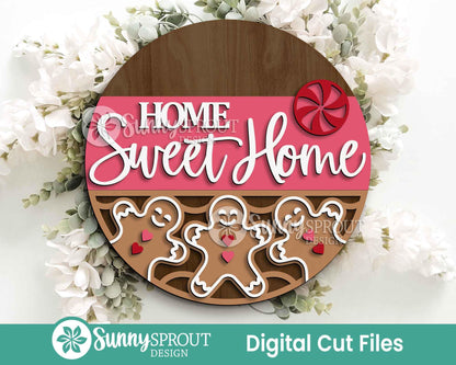 Home Sweet Home Gingerbread Sign, Digital Download, SVG Laser Cut File, Cricut, Round Door Hanger Design, Christmas Decor