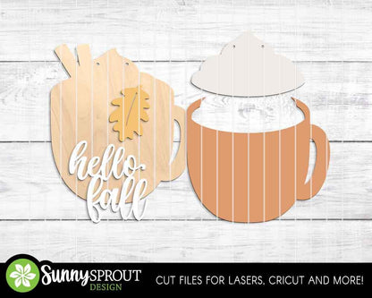 Hello Fall Pumpkin Spice Latte Mug Sign, Digital Download, SVG Laser Cut File, Cricut, Door Hanger Design