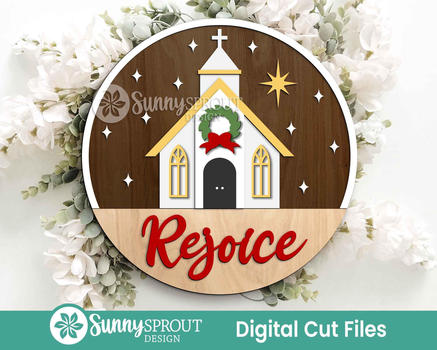 Rejoice Christmas Church Sign, Digital Download, SVG Laser Cut File, Cricut, Round Door Hanger Design