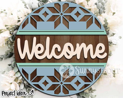 Welcome Fairisle Round, Round door hanger svg, Glowforge laser file, Cricut cut file, Winter welcome sign, Ski lodge decor