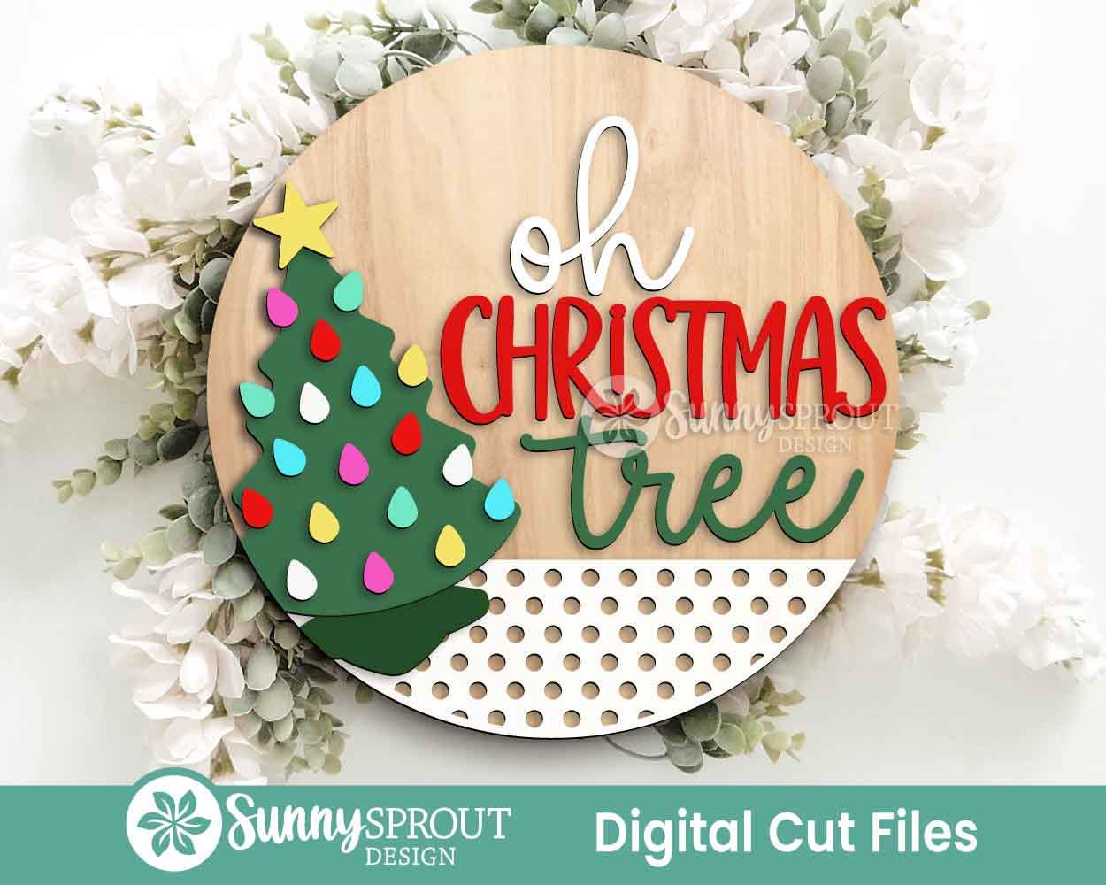 Vintage Ceramic Oh Christmas Tree Sign, Digital Download, SVG Laser Cut File, Cricut, Round Door Hanger Design