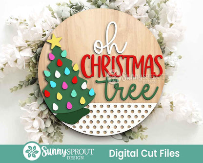 Vintage Ceramic Oh Christmas Tree Sign, Digital Download, SVG Laser Cut File, Cricut, Round Door Hanger Design