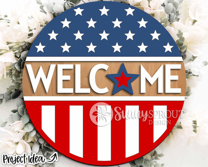 Welcome American Flag Sign, Digital Download, SVG Laser Cut File, Cricut, Round Door Hanger Design, Patriotic 4th of July Decor