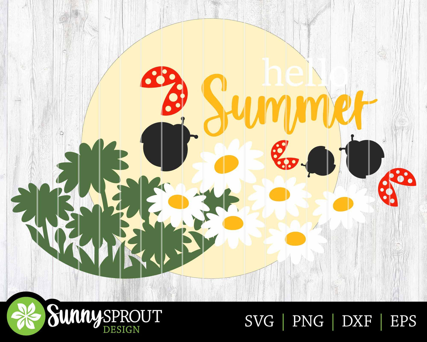 Hello Summer Daisy Ladybug Sign, Digital Download, SVG Laser Cut File, Cricut, Round Door Hanger Design