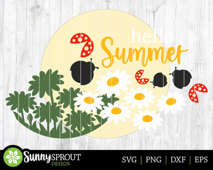 Hello Summer Daisy Ladybug Sign, Digital Download, SVG Laser Cut File, Cricut, Round Door Hanger Design