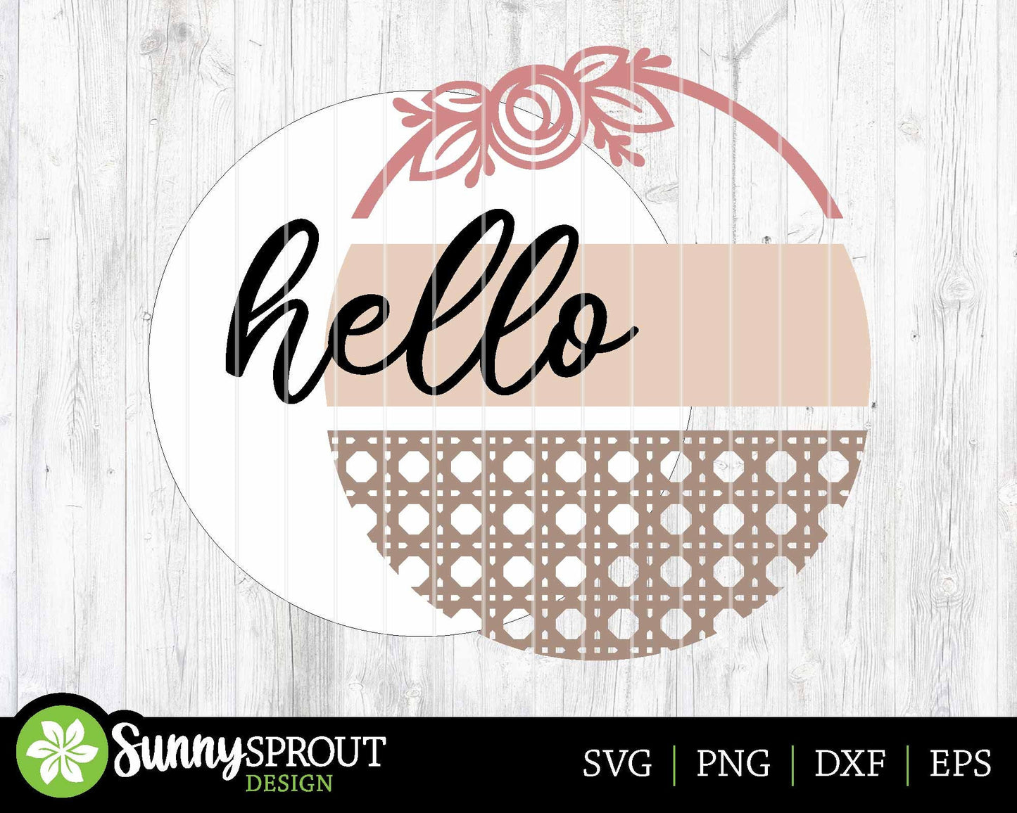 Hello Rattan Pattern Sign, Digital Download, SVG Laser Cut File, Cricut, Floral Farmhouse Round Door Hanger Design