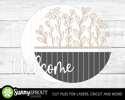 Welcome Wildflowers Sign, Digital Download, SVG Laser Cut File, Cricut, Summer Floral Round Door Hanger Design