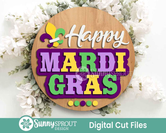 Happy Mardi Gras Fleur de Lis Sign, Digital download, SVG laser cut file, Cricut, Round door hanger design, Easter decor